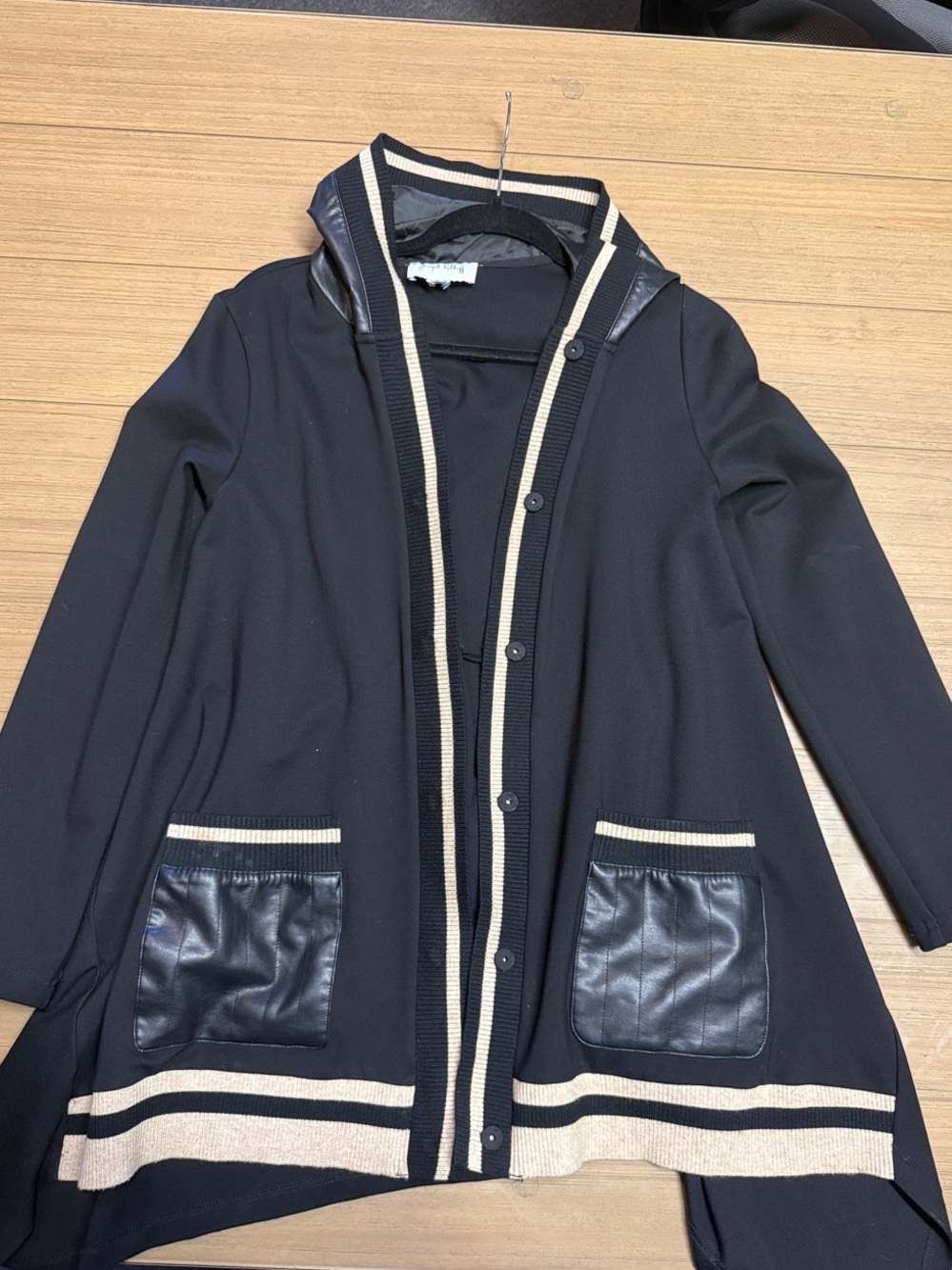 Joseph Ribkoff Black Jacket with Cream Trim and Faux-Leather Pockets